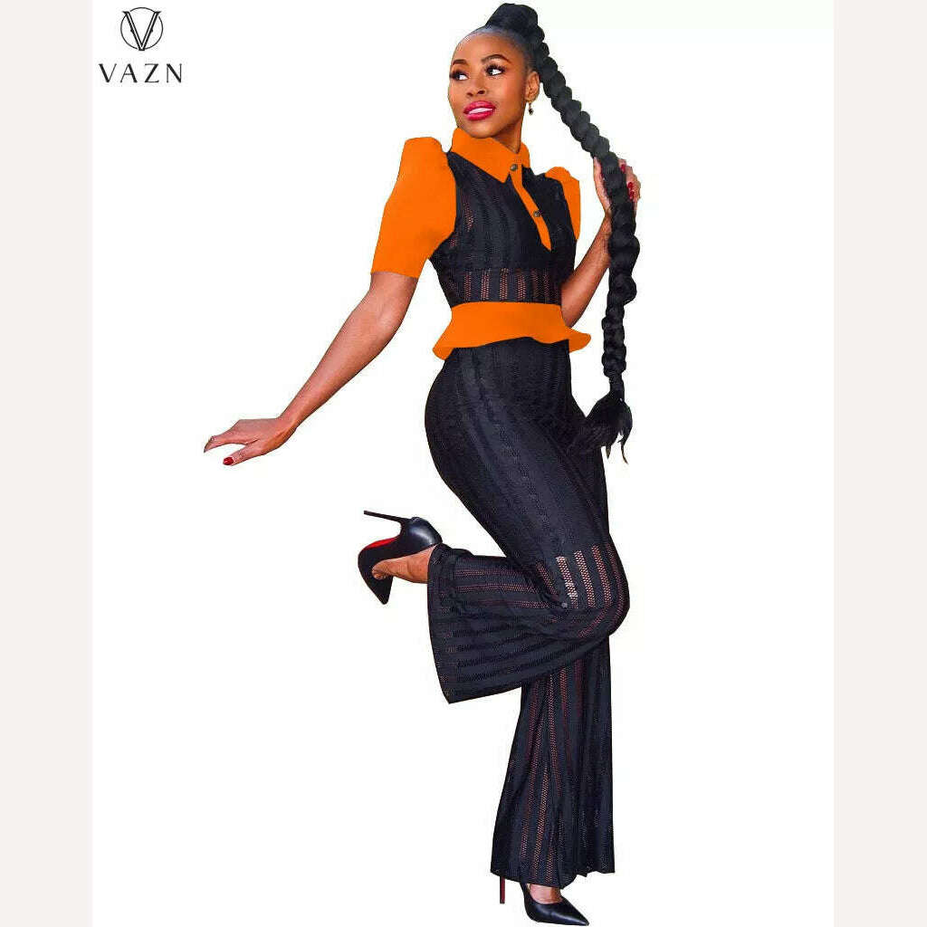 KIMLUD, VAZN New 2022 Fashion Street Casual Style Women Suit Short Sleeve Lapel Shirt Elastic Long Pants Pure Color Two Piece Sets, Orange / S / China, KIMLUD Women's Clothes