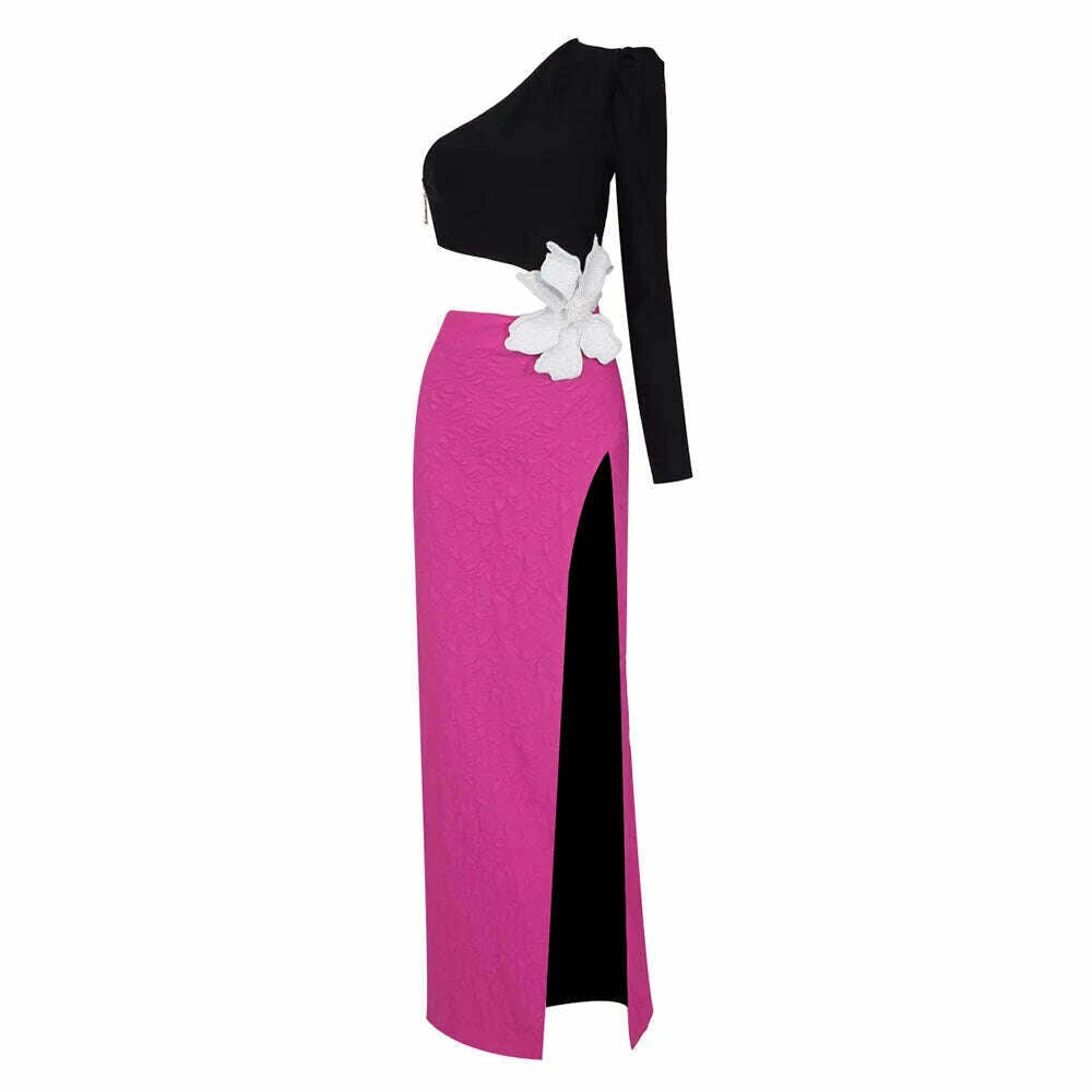 VC Fashion Party Dresses For Women 2023 Autumn Winter Sexy One Shoulder Long Sleeves High Waist Big Flower Decoration Gowns - KIMLUD