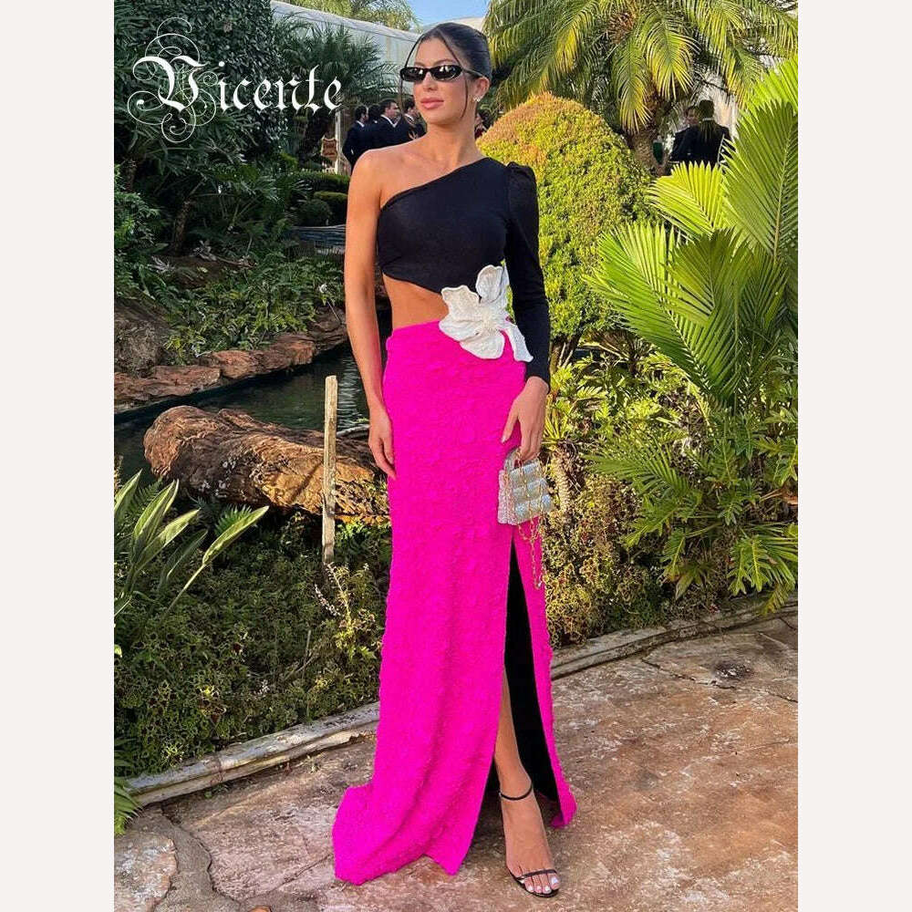 VC Fashion Party Dresses For Women 2023 Autumn Winter Sexy One Shoulder Long Sleeves High Waist Big Flower Decoration Gowns - KIMLUD