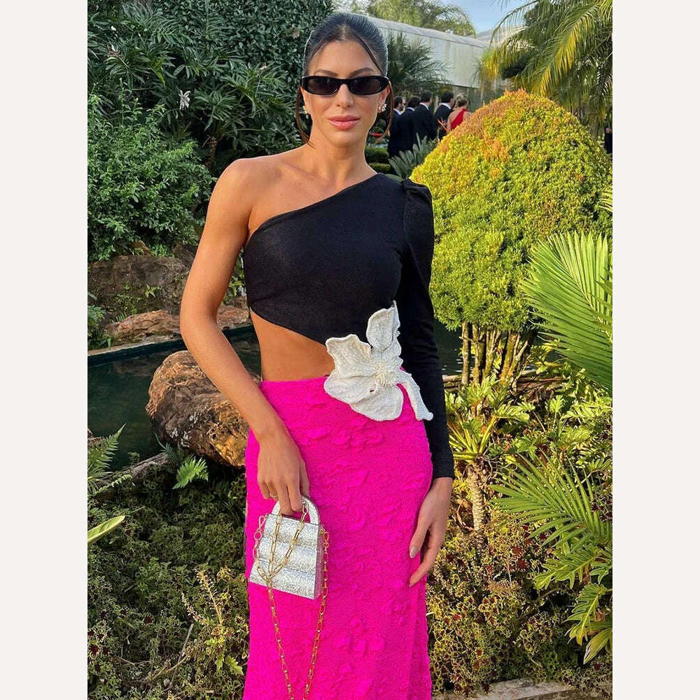 VC Fashion Party Dresses For Women 2023 Autumn Winter Sexy One Shoulder Long Sleeves High Waist Big Flower Decoration Gowns - KIMLUD