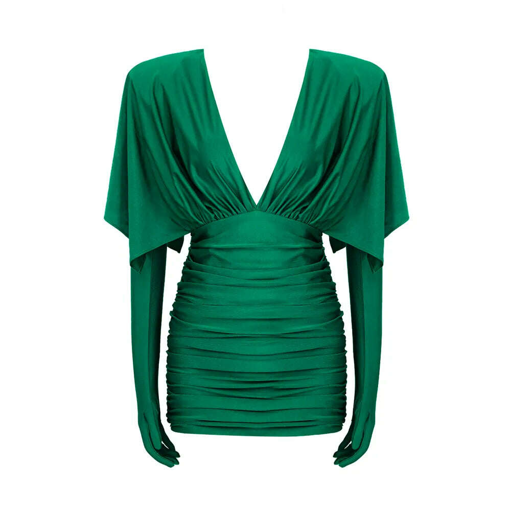 KIMLUD, VC Fashion Streetwear Women'S Dress For Special Event Sexy V Neck Draped Design Green Slim Thin Mini Dress With Gloves, green / XS, KIMLUD Womens Clothes