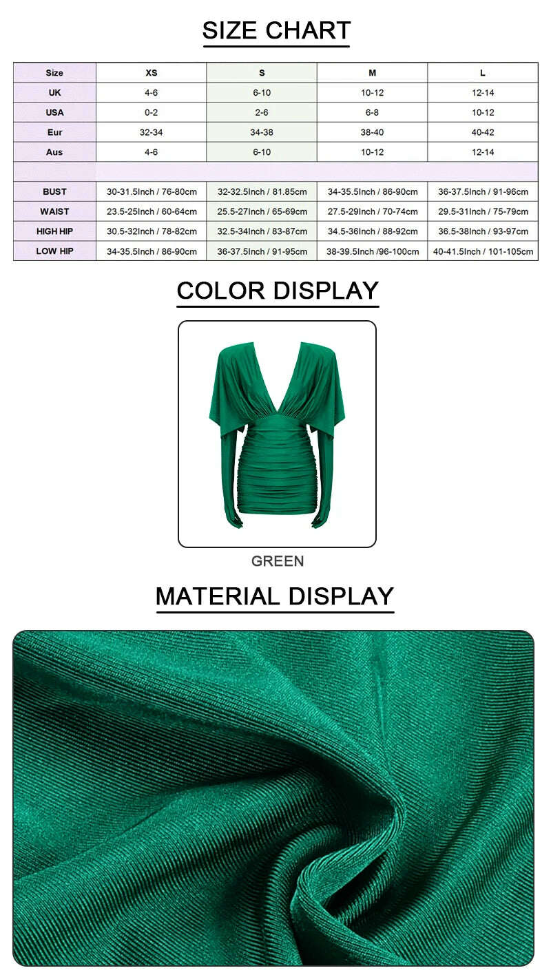 KIMLUD, VC Fashion Streetwear Women'S Dress For Special Event Sexy V Neck Draped Design Green Slim Thin Mini Dress With Gloves, KIMLUD Womens Clothes
