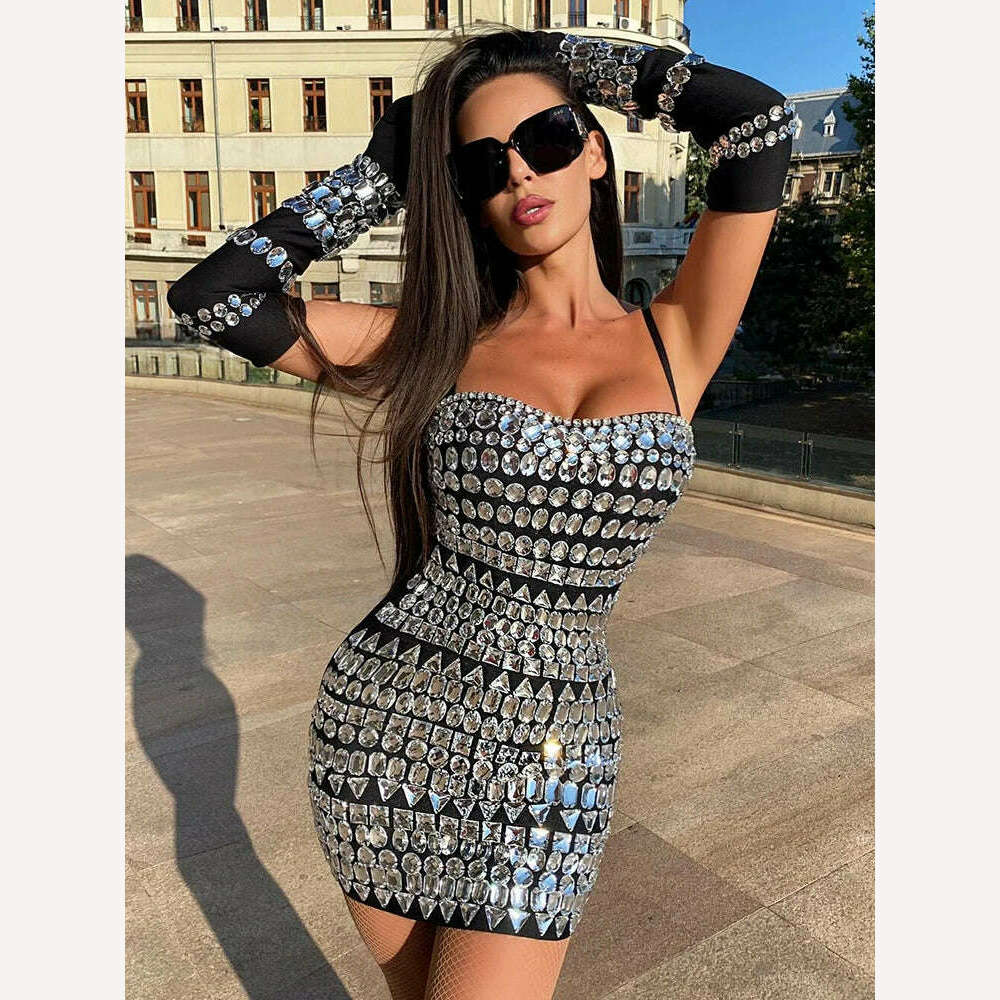 KIMLUD, VC Luxury Party Dress For Women Clubwear Long Sleeve Gloves Bodycon Bandage Black Mini Dress With Beads Diamond Decoration, KIMLUD Womens Clothes