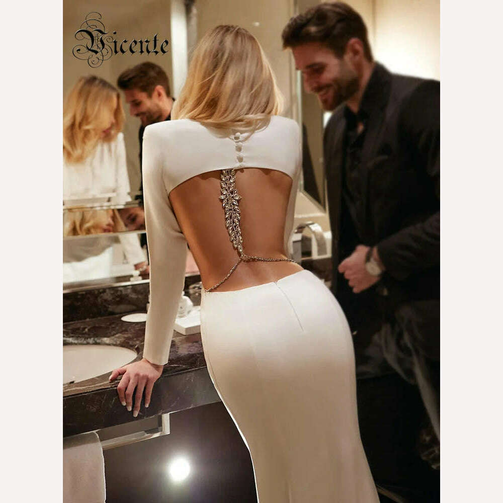 VC Sexy Backless Dress For Women Long Sleeve Crystal Chain Design Mermaid Maxi Dress Party Evening Dress Vestidos 2023 New, KIMLUD Women's Clothes