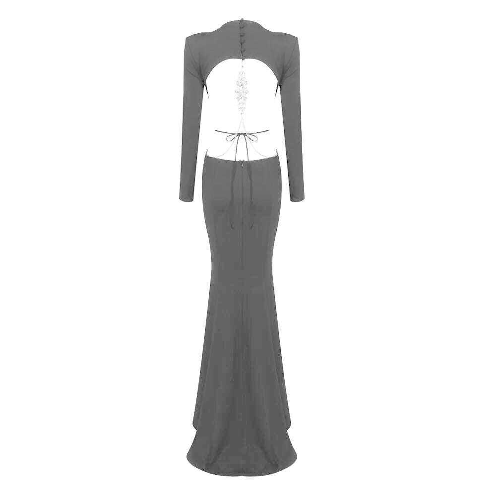 KIMLUD, VC Sexy Backless Dress For Women Long Sleeve Crystal Chain Design Mermaid Maxi Dress Party Evening Dress Vestidos 2023 New, Black / S, KIMLUD APPAREL - Womens Clothes
