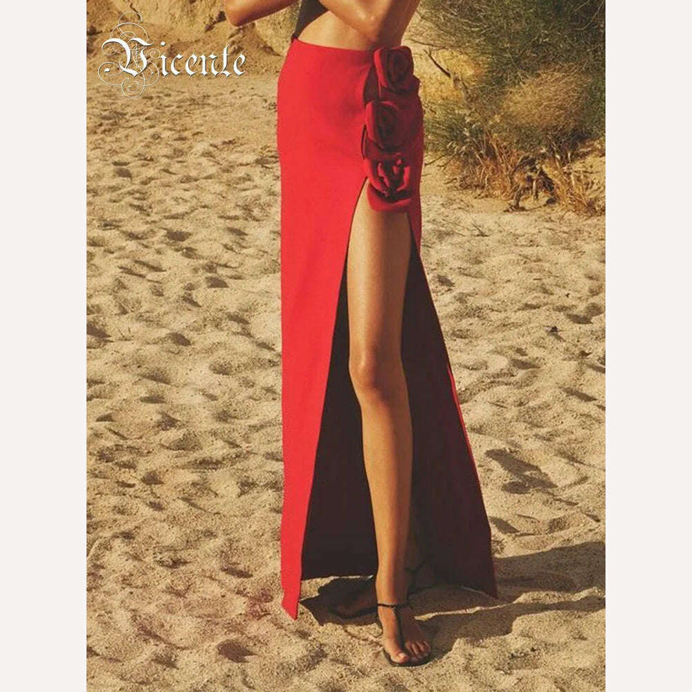 VC Skirts For Women Christmas Party Wear Pretty 3D Flowers Decoration Red Bandage High Split Sexy Long Skirt - KIMLUD