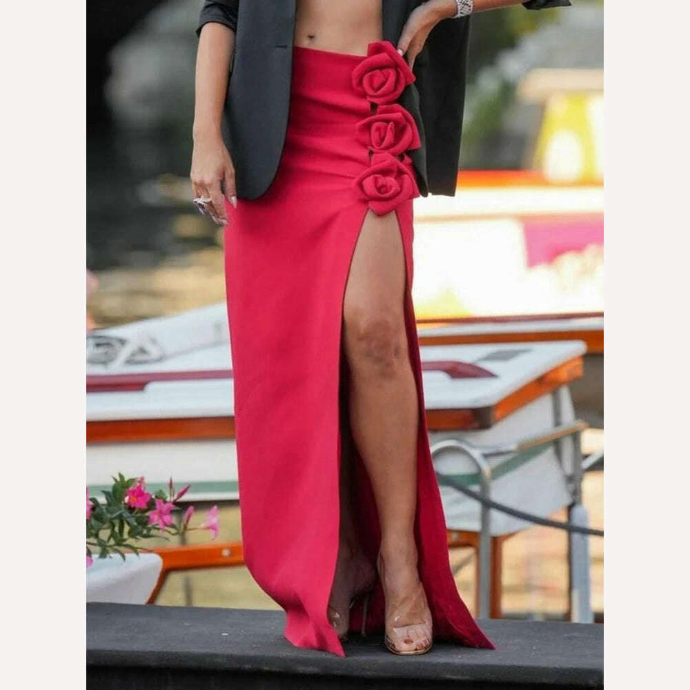 VC Skirts For Women Christmas Party Wear Pretty 3D Flowers Decoration Red Bandage High Split Sexy Long Skirt - KIMLUD