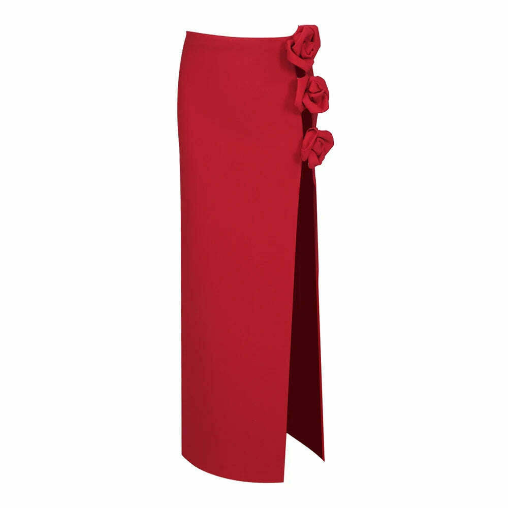 VC Skirts For Women Christmas Party Wear Pretty 3D Flowers Decoration Red Bandage High Split Sexy Long Skirt - KIMLUD