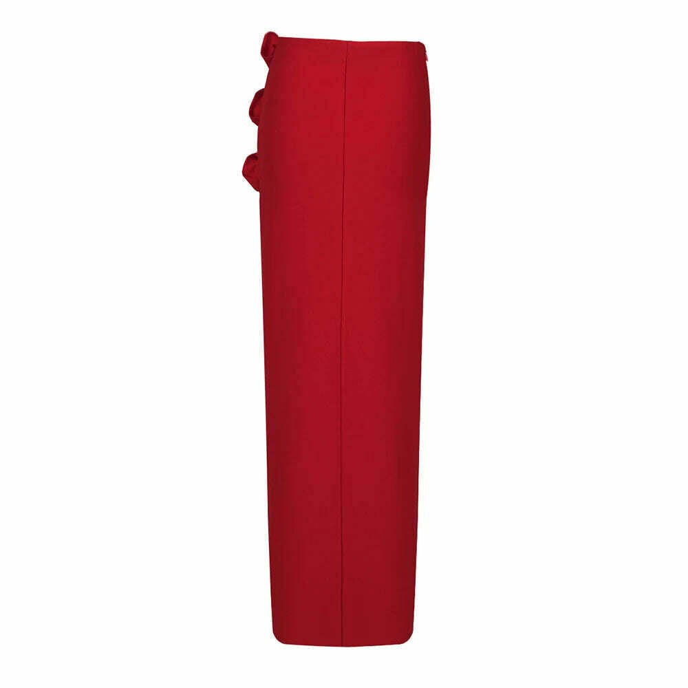 VC Skirts For Women Christmas Party Wear Pretty 3D Flowers Decoration Red Bandage High Split Sexy Long Skirt - KIMLUD