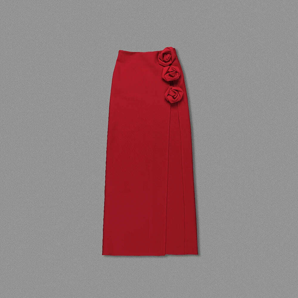KIMLUD, VC Skirts For Women Christmas Party Wear Pretty 3D Flowers Decoration Red Bandage High Split Sexy Long Skirt, KIMLUD Women's Clothes