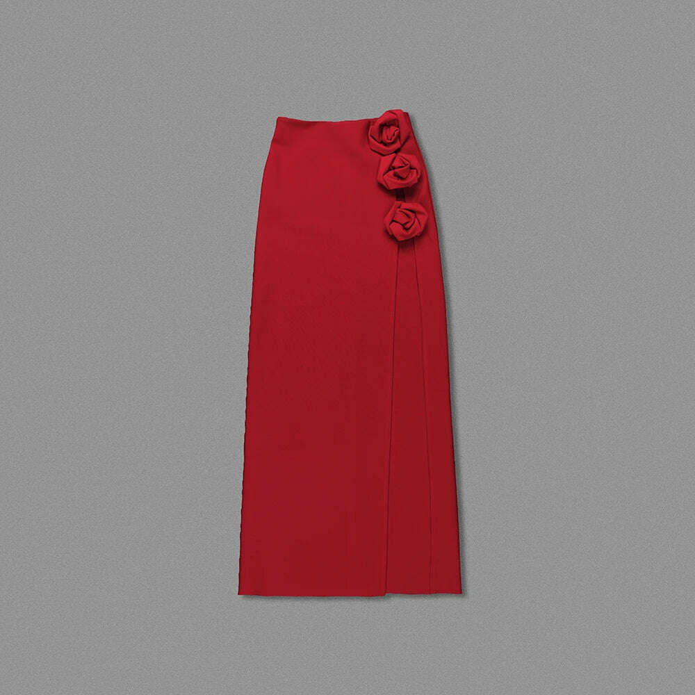 VC Skirts For Women Christmas Party Wear Pretty 3D Flowers Decoration Red Bandage High Split Sexy Long Skirt - KIMLUD