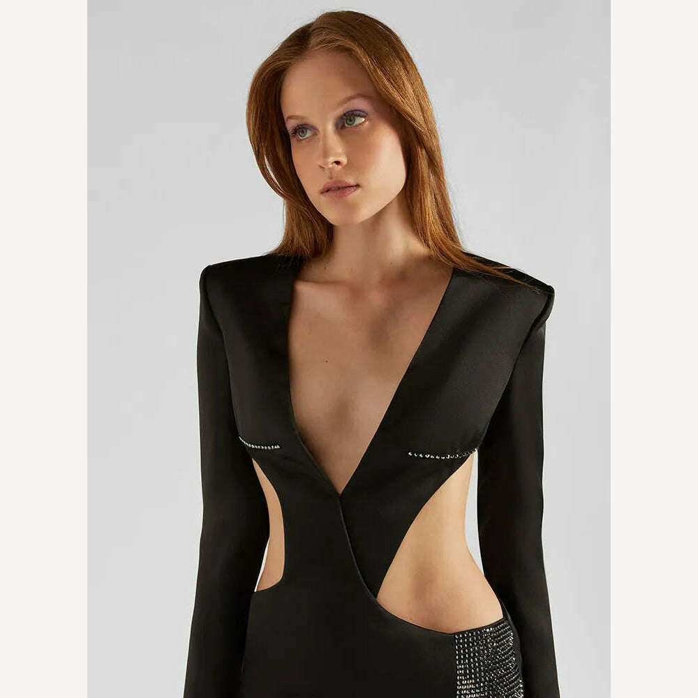 KIMLUD, VC Women'S Dress 2023 Autumn Winter Black Bandage Sexy V Neck Cutout Crystal Long Celebrity Party Dresses, KIMLUD Womens Clothes