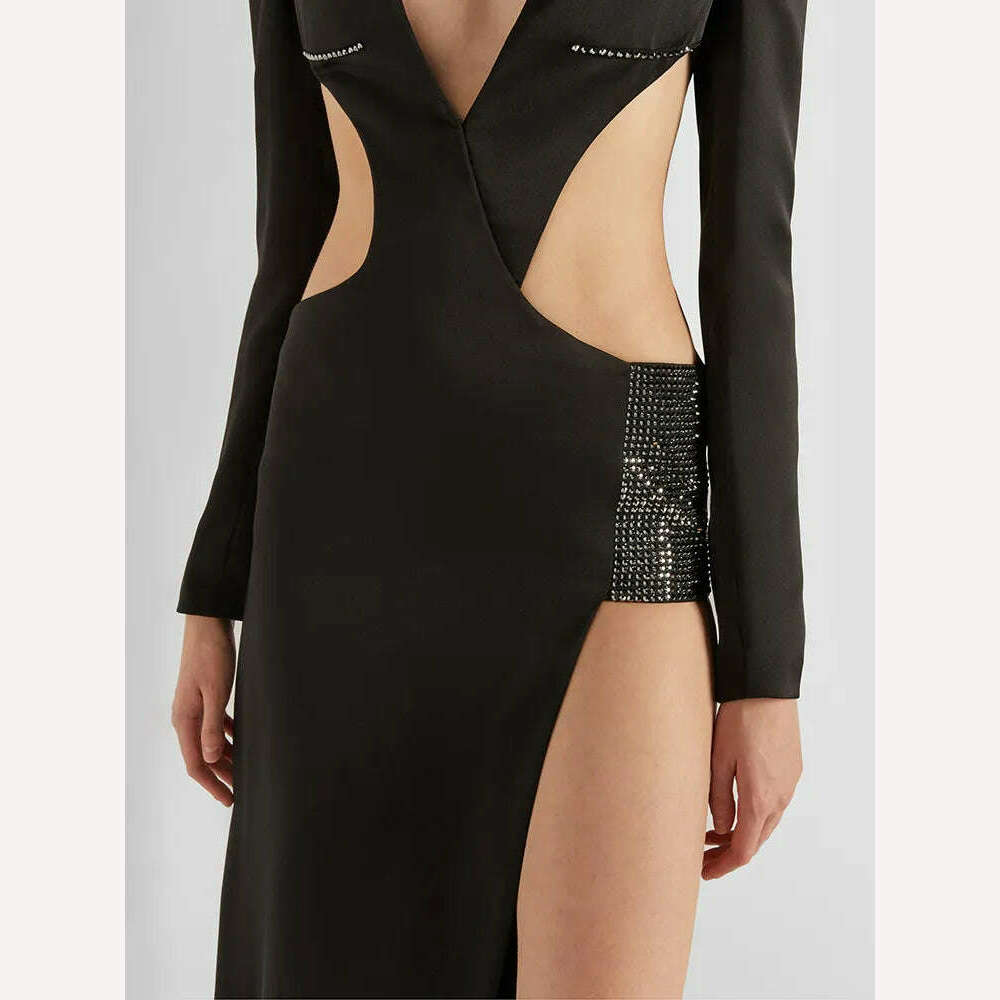 KIMLUD, VC Women'S Dress 2023 Autumn Winter Black Bandage Sexy V Neck Cutout Crystal Long Celebrity Party Dresses, KIMLUD Women's Clothes