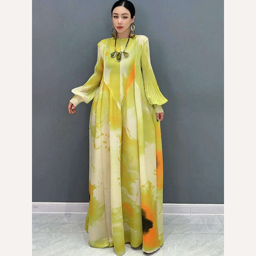 KIMLUD, Vefadisa 2024 Spring Summer New Dress Printed Spliced Pleated Bubble Sleeve Long Dress Elegant Ladies Dress WXY132, KIMLUD Womens Clothes
