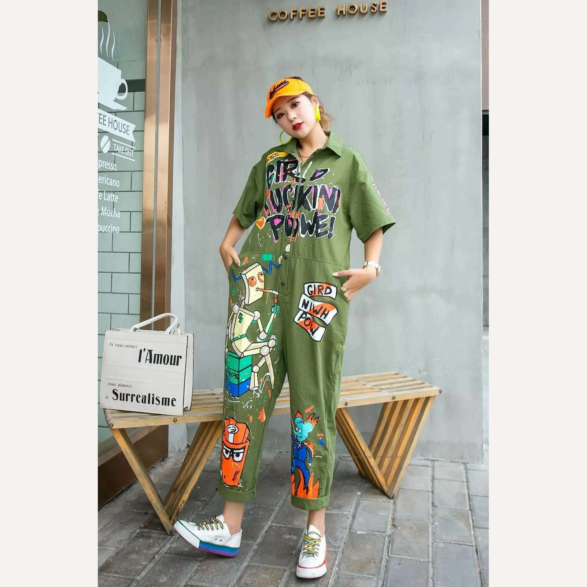 KIMLUD, Vefadisa Black Army Green Orange-red Cartoon Printed Women Jumpsuits 2023 Summer Women Jumpsuits Wide Leg Pants Rompers QYF5403, Army Green / one size, KIMLUD Women's Clothes