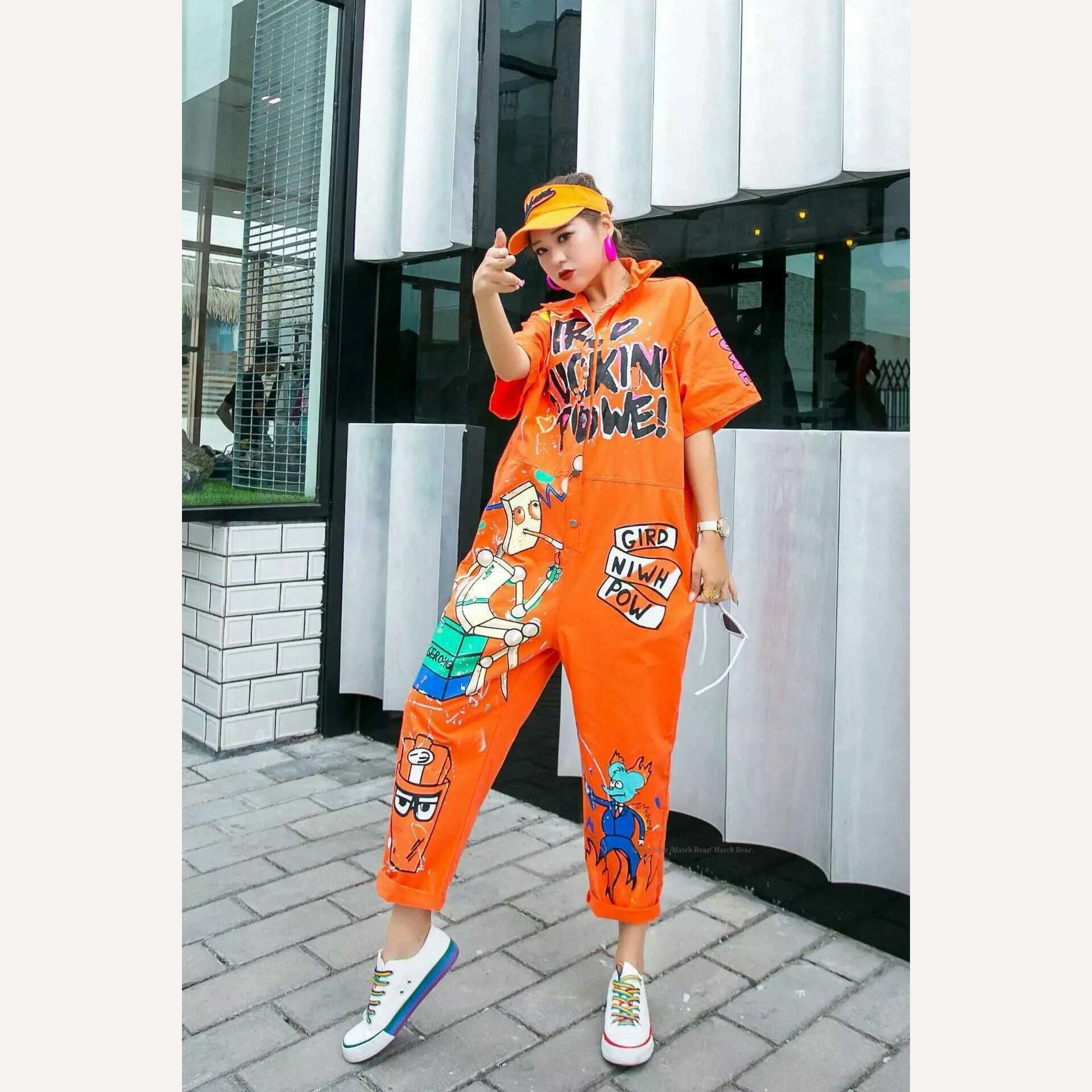 KIMLUD, Vefadisa Black Army Green Orange-red Cartoon Printed Women Jumpsuits 2023 Summer Women Jumpsuits Wide Leg Pants Rompers QYF5403, Orange-red / one size, KIMLUD Women's Clothes