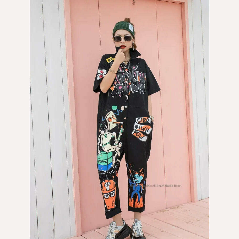 KIMLUD, Vefadisa Black Army Green Orange-red Cartoon Printed Women Jumpsuits 2023 Summer Women Jumpsuits Wide Leg Pants Rompers QYF5403, Black / one size, KIMLUD Womens Clothes