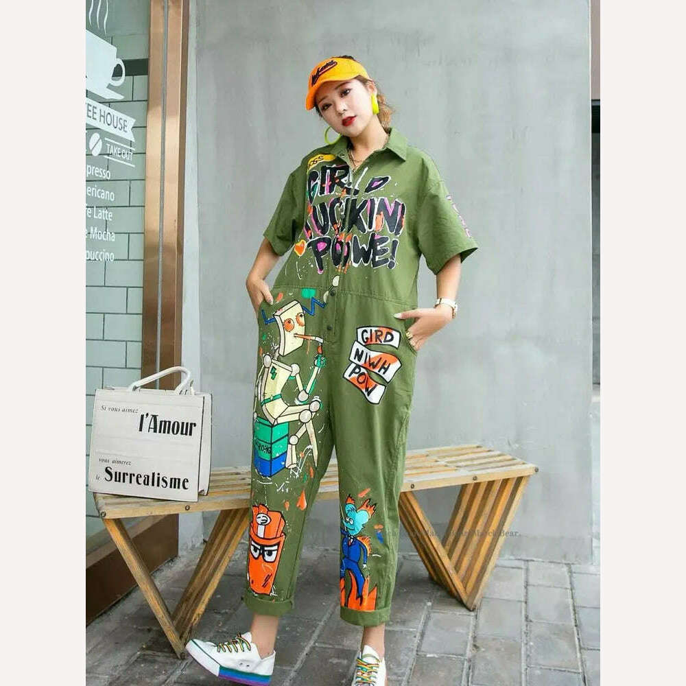 KIMLUD, Vefadisa Black Army Green Orange-red Cartoon Printed Women Jumpsuits 2023 Summer Women Jumpsuits Wide Leg Pants Rompers QYF5403, KIMLUD Womens Clothes