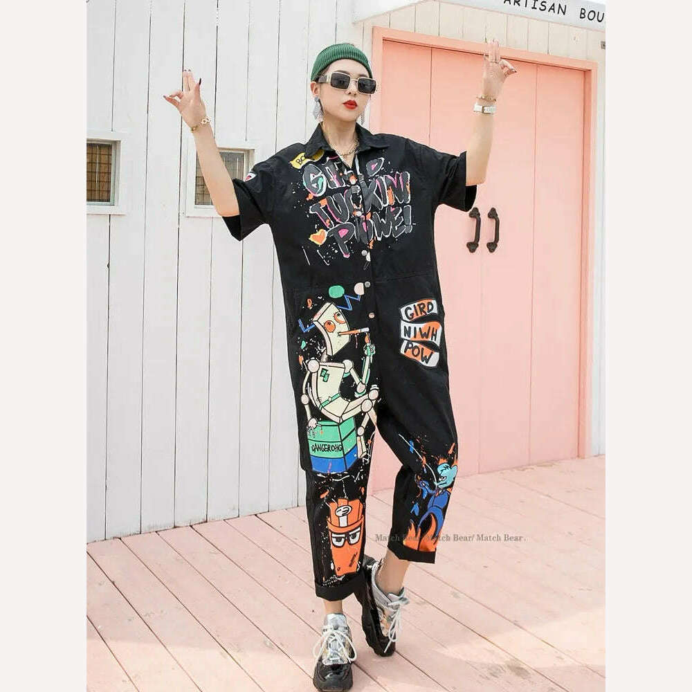 KIMLUD, Vefadisa Black Army Green Orange-red Cartoon Printed Women Jumpsuits 2023 Summer Women Jumpsuits Wide Leg Pants Rompers QYF5403, KIMLUD Womens Clothes