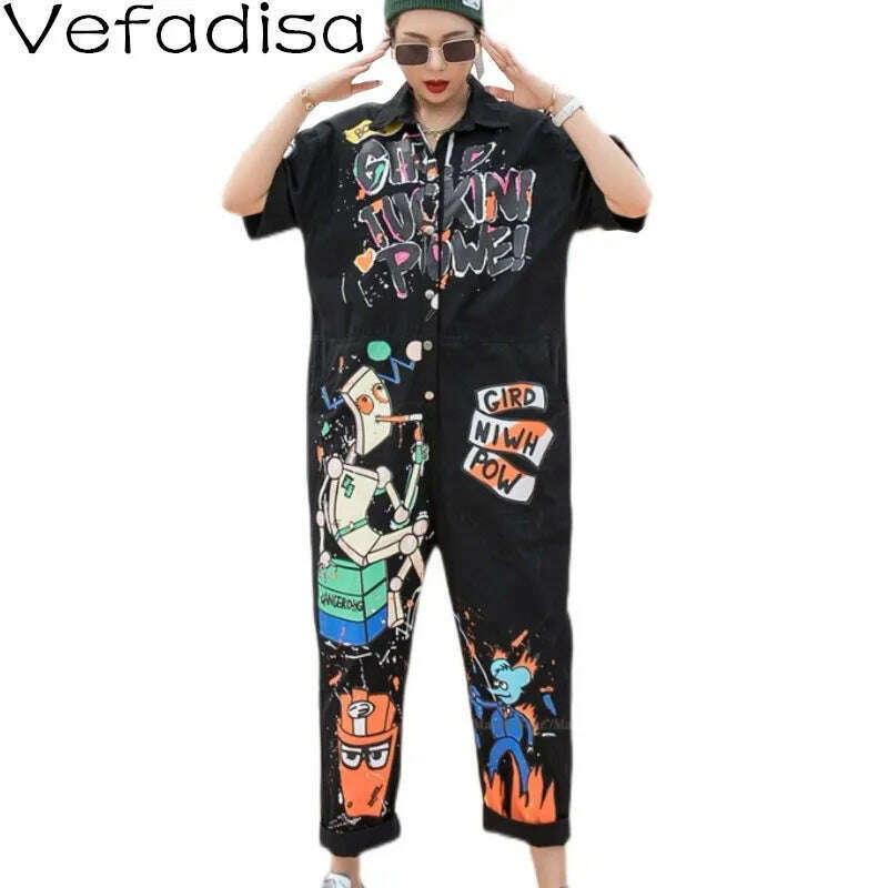 KIMLUD, Vefadisa Black Army Green Orange-red Cartoon Printed Women Jumpsuits 2023 Summer Women Jumpsuits Wide Leg Pants Rompers QYF5403, KIMLUD Womens Clothes