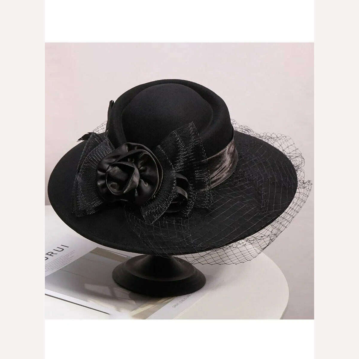 KIMLUD, Veil Black Women Winter Fedora 100% Australian Wool Cloche Hats Female Wide Brim Felt Hat Ladies Bowknot For Church Caps 56-58cm, KIMLUD Womens Clothes
