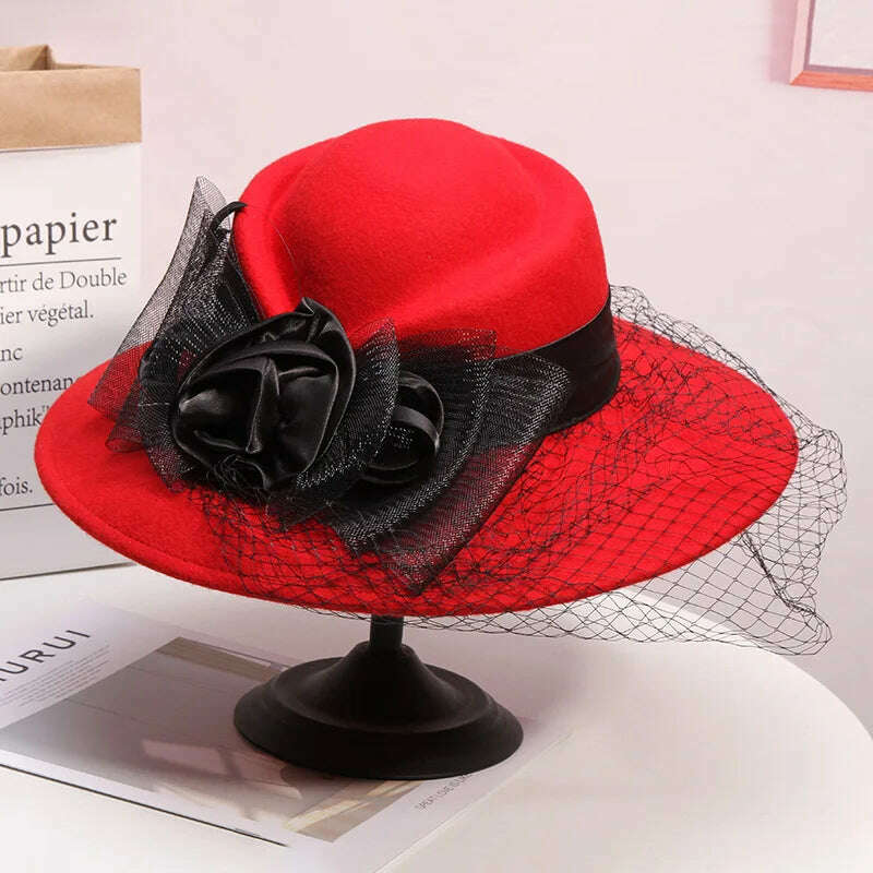 Veil Black Women Winter Fedora 100% Australian Wool Cloche Hats Female Wide Brim Felt Hat Ladies Bowknot For Church Caps 56-58cm - KIMLUD