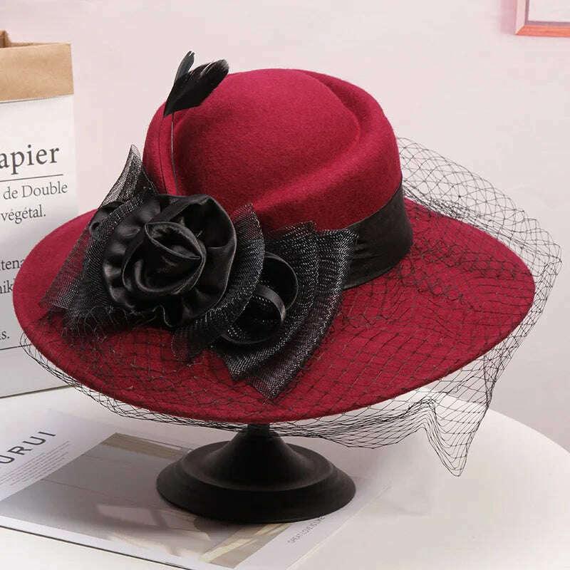 Veil Black Women Winter Fedora 100% Australian Wool Cloche Hats Female Wide Brim Felt Hat Ladies Bowknot For Church Caps 56-58cm - KIMLUD
