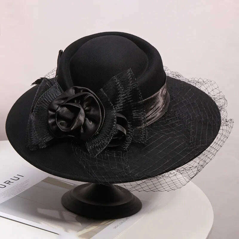 Veil Black Women Winter Fedora 100% Australian Wool Cloche Hats Female Wide Brim Felt Hat Ladies Bowknot For Church Caps 56-58cm - KIMLUD