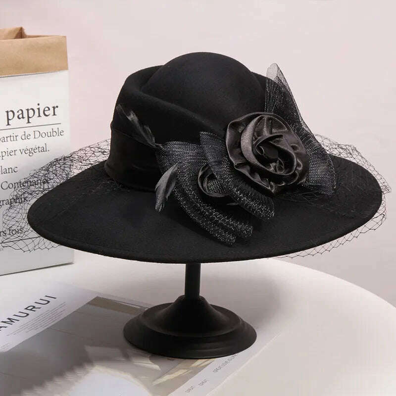Veil Black Women Winter Fedora 100% Australian Wool Cloche Hats Female Wide Brim Felt Hat Ladies Bowknot For Church Caps 56-58cm - KIMLUD
