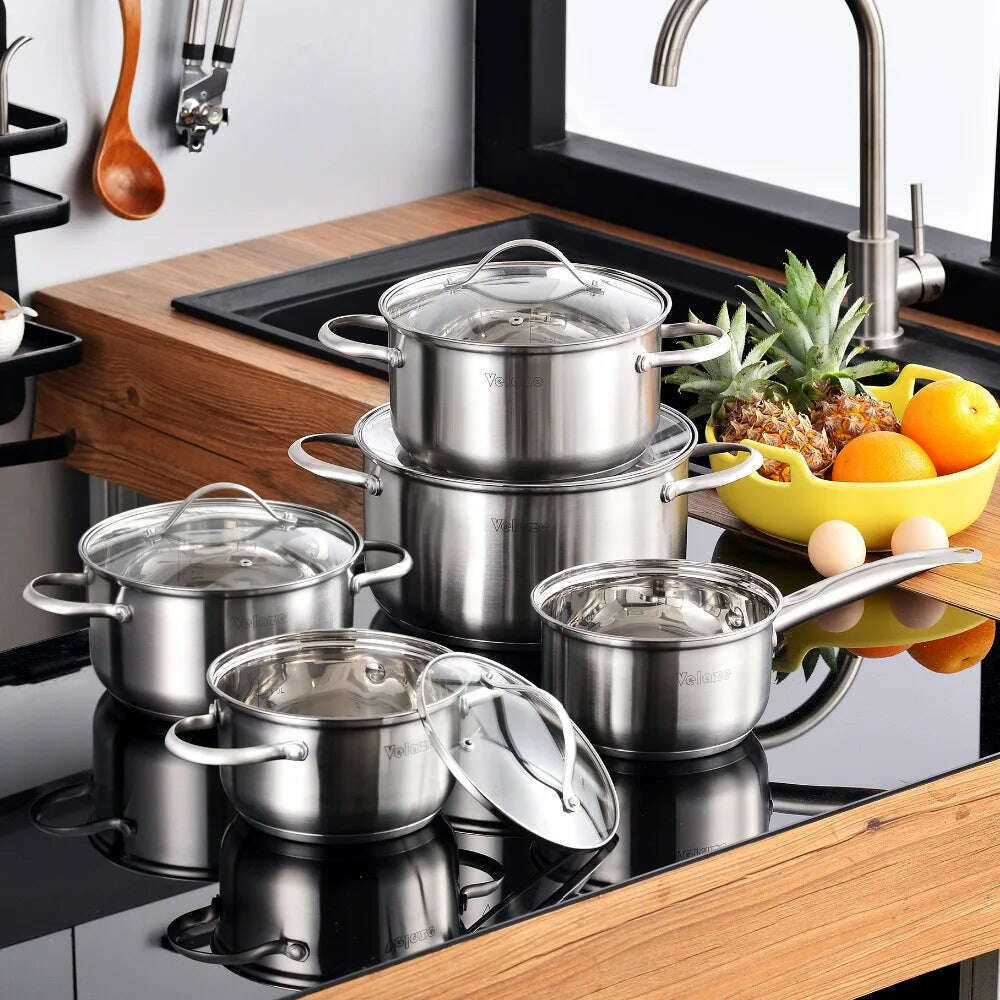 KIMLUD, Velaze Cookware Set Kitchen Stainless Steel 9-Piece Cooking Pot Set,Induction Safe,Non Stick Saucepan,Casserole with Glass lid, United Kingdom, KIMLUD APPAREL - Womens Clothes