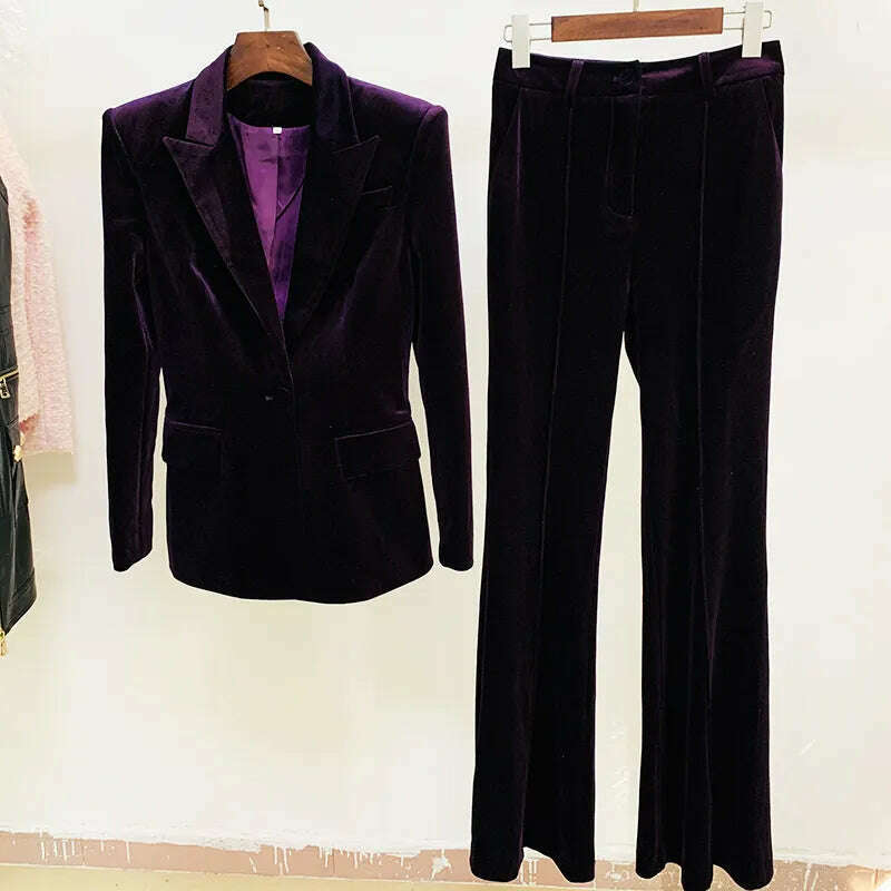 KIMLUD, Velvet Blazer Pants Women Set Purple Brown 2021 Autumn Winter New One Button Jacket + Flare Pants Two Piece Office Female Suit, KIMLUD Womens Clothes
