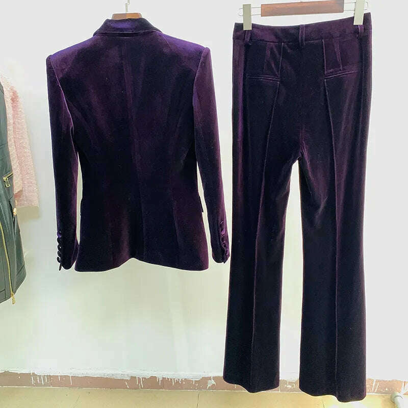 KIMLUD, Velvet Blazer Pants Women Set Purple Brown 2021 Autumn Winter New One Button Jacket + Flare Pants Two Piece Office Female Suit, KIMLUD Womens Clothes