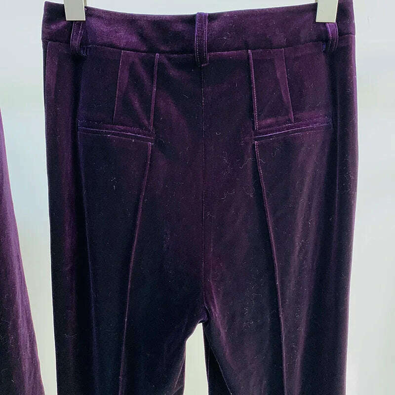 KIMLUD, Velvet Blazer Pants Women Set Purple Brown 2021 Autumn Winter New One Button Jacket + Flare Pants Two Piece Office Female Suit, KIMLUD Women's Clothes