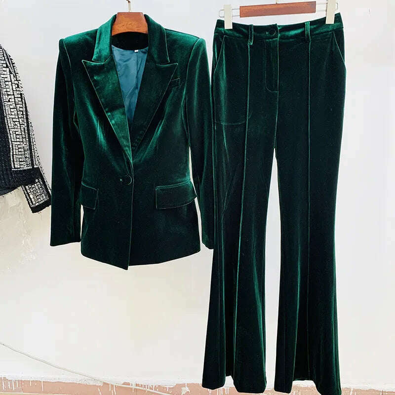 KIMLUD, Velvet Blazer Pants Women Set Purple Brown 2021 Autumn Winter New One Button Jacket + Flare Pants Two Piece Office Female Suit, Velvet Green set / S, KIMLUD Womens Clothes