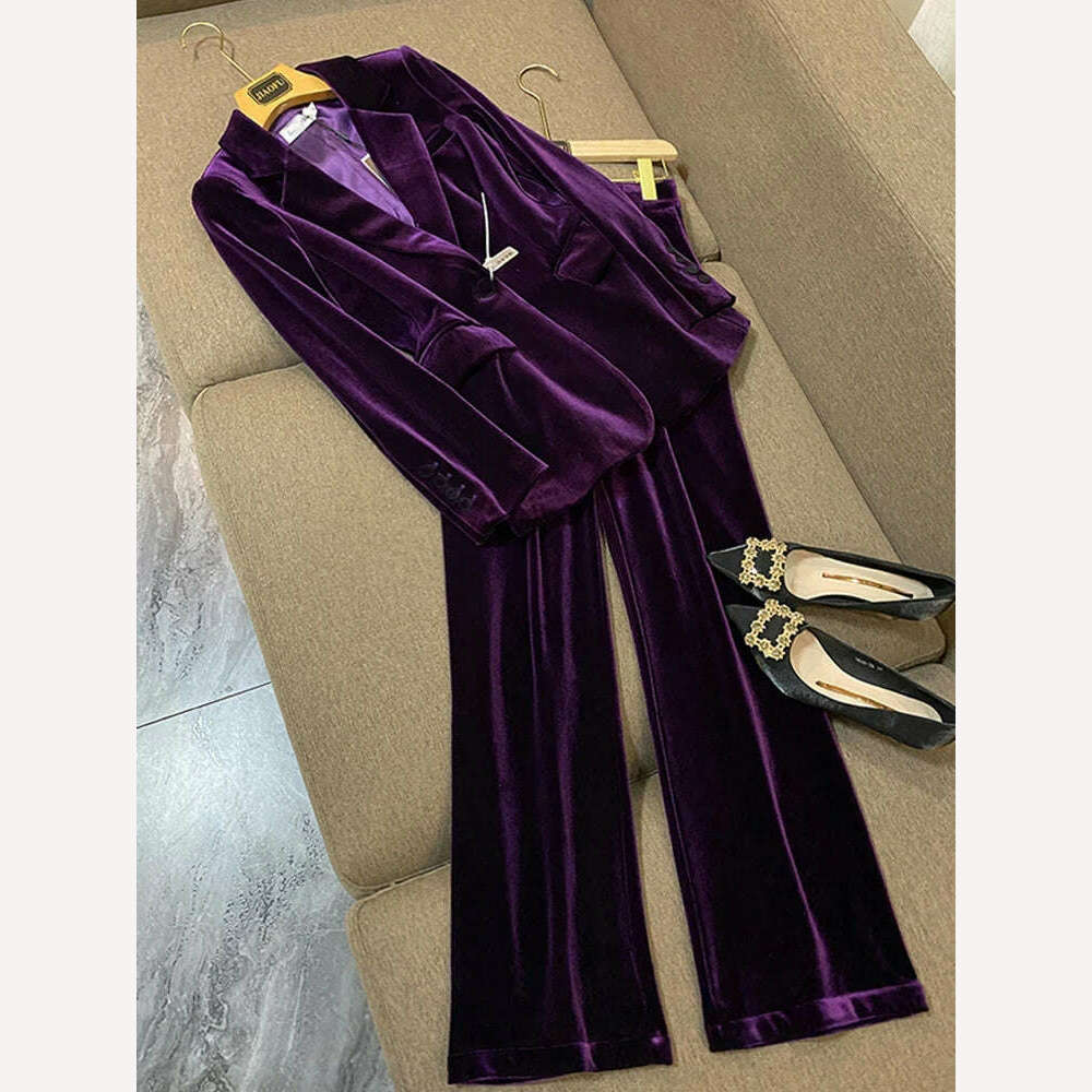 KIMLUD, Velvet Blazer Pants Women Set Purple Brown 2021 Autumn Winter New One Button Jacket + Flare Pants Two Piece Office Female Suit, Velvet Purple set / S, KIMLUD Womens Clothes