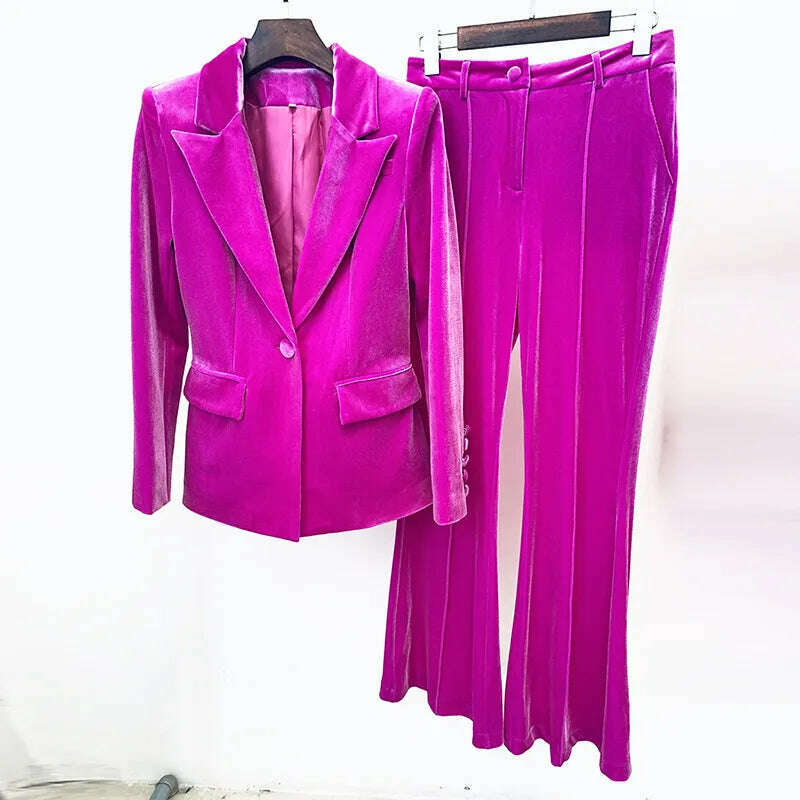 KIMLUD, Velvet Blazer Pants Women Set Purple Brown 2021 Autumn Winter New One Button Jacket + Flare Pants Two Piece Office Female Suit, purple sets / S, KIMLUD Women's Clothes