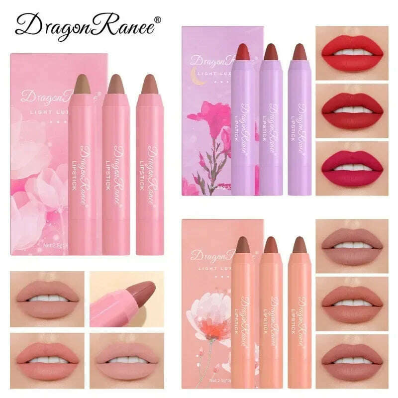 KIMLUD, Velvet Lipstick Set 3pcs Crayon Lip Stick Set Matte Nude Color Lipstick Pen Makeup Smooth High Color Rendering Lip Rouge Sticks, KIMLUD Womens Clothes