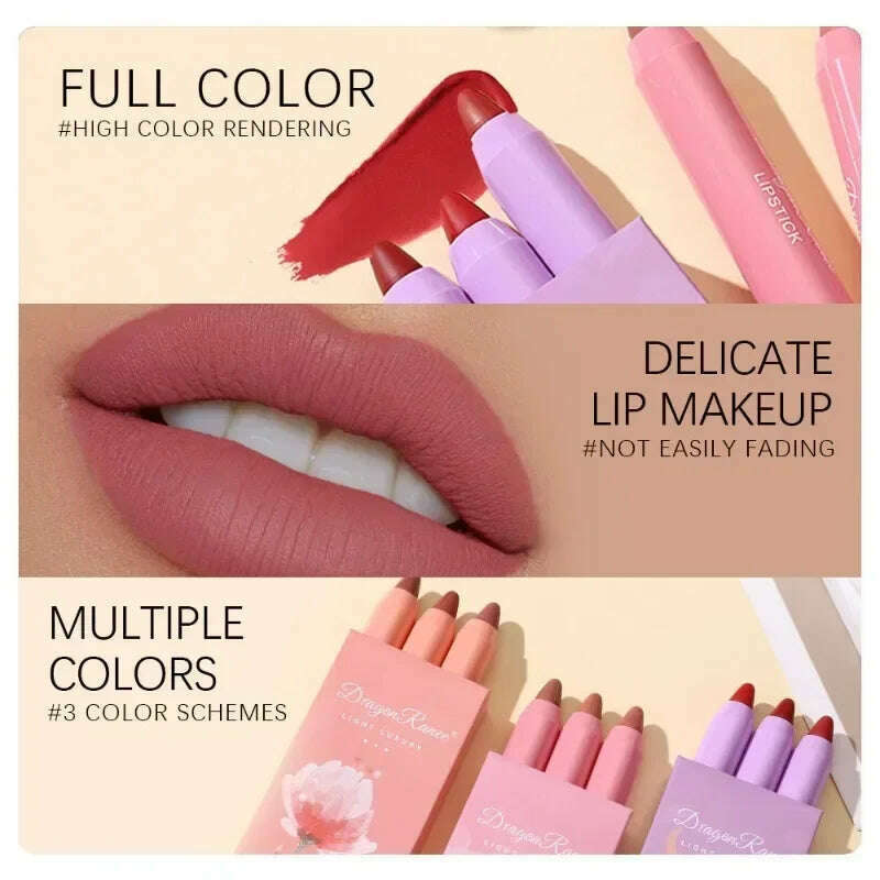 KIMLUD, Velvet Lipstick Set 3pcs Crayon Lip Stick Set Matte Nude Color Lipstick Pen Makeup Smooth High Color Rendering Lip Rouge Sticks, KIMLUD Womens Clothes