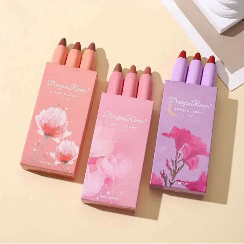 KIMLUD, Velvet Lipstick Set 3pcs Crayon Lip Stick Set Matte Nude Color Lipstick Pen Makeup Smooth High Color Rendering Lip Rouge Sticks, KIMLUD Womens Clothes