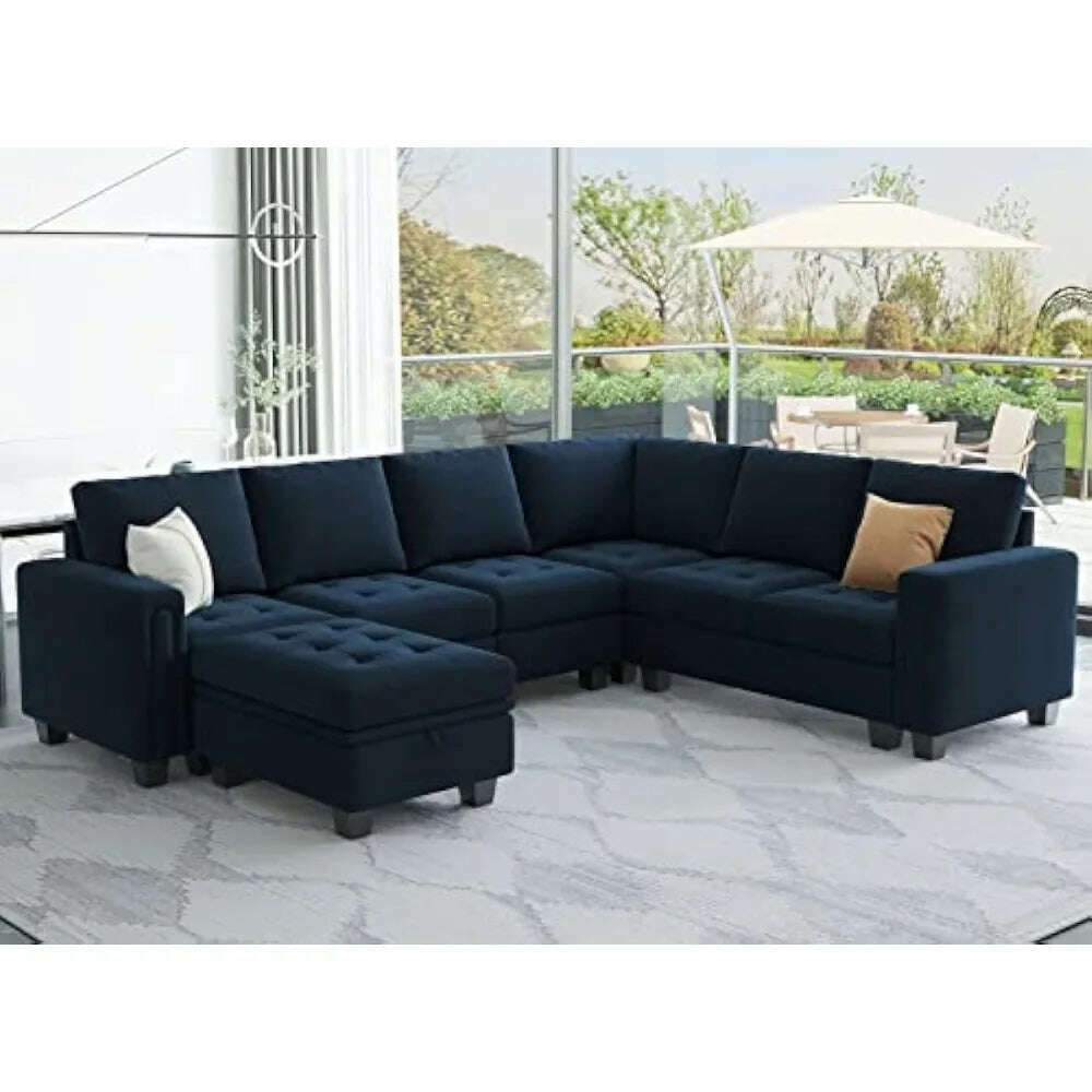 KIMLUD, Velvet   Sectional Sofa with Storage Ottoman 6-Seater Modular Sofa with Reversible Chaise Convertible Corner Sectional, Blue / United States, KIMLUD APPAREL - Womens Clothes