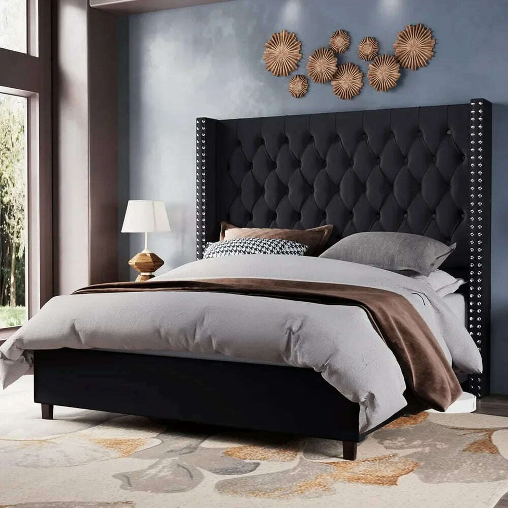KIMLUD, Velvet Upholstered Bed Frame Queen Size 61.4" Tall Headboard Queen Bed Frame Deep Button Tufted No Box Spring Needed,Bed Frames, KIMLUD Womens Clothes