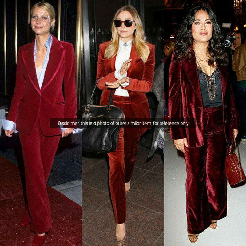 KIMLUD, Velvet Women's 2 Piece Suit Double Breasted Jacket Burgundy Party Tuxedo Pants Set costume deux pieces femme, KIMLUD Womens Clothes