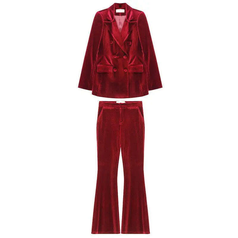 KIMLUD, Velvet Women's 2 Piece Suit Double Breasted Jacket Burgundy Party Tuxedo Pants Set costume deux pieces femme, Claret / XS, KIMLUD Womens Clothes