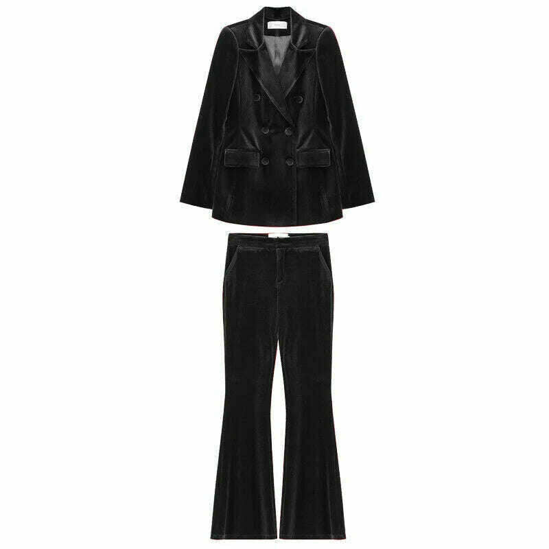 KIMLUD, Velvet Women's 2 Piece Suit Double Breasted Jacket Burgundy Party Tuxedo Pants Set costume deux pieces femme, black / XS, KIMLUD Womens Clothes