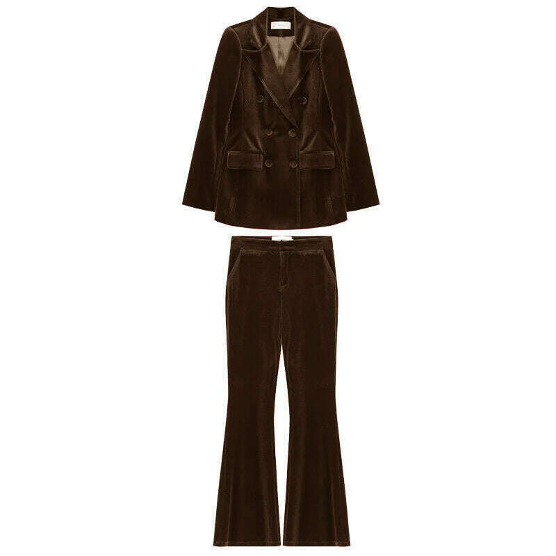 KIMLUD, Velvet Women's 2 Piece Suit Double Breasted Jacket Burgundy Party Tuxedo Pants Set costume deux pieces femme, Brown / XS, KIMLUD Womens Clothes