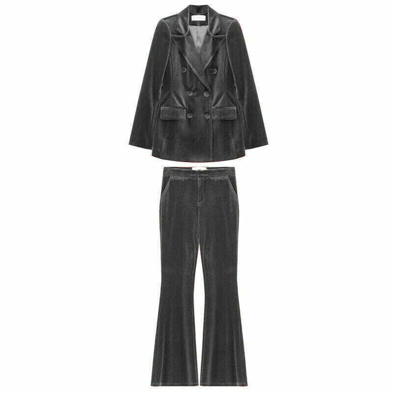 KIMLUD, Velvet Women's 2 Piece Suit Double Breasted Jacket Burgundy Party Tuxedo Pants Set costume deux pieces femme, GRAY / XS, KIMLUD APPAREL - Womens Clothes