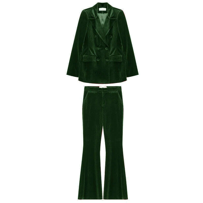 KIMLUD, Velvet Women's 2 Piece Suit Double Breasted Jacket Burgundy Party Tuxedo Pants Set costume deux pieces femme, green / XS, KIMLUD Womens Clothes