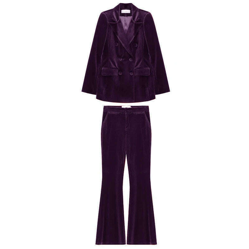 KIMLUD, Velvet Women's 2 Piece Suit Double Breasted Jacket Burgundy Party Tuxedo Pants Set costume deux pieces femme, PURPLE / XS, KIMLUD Womens Clothes