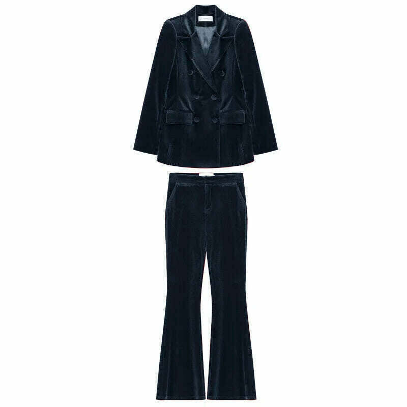 KIMLUD, Velvet Women's 2 Piece Suit Double Breasted Jacket Burgundy Party Tuxedo Pants Set costume deux pieces femme, Navy Blue / XS, KIMLUD Womens Clothes