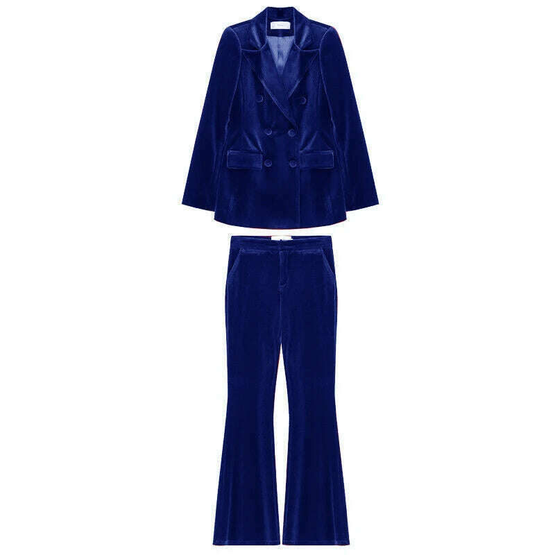 KIMLUD, Velvet Women's 2 Piece Suit Double Breasted Jacket Burgundy Party Tuxedo Pants Set costume deux pieces femme, royal blue / XS, KIMLUD Womens Clothes